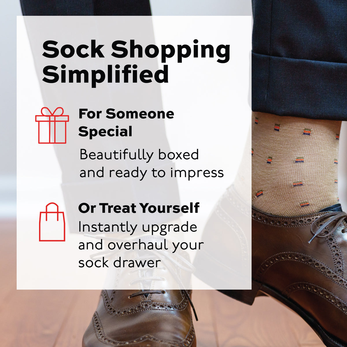 person wearing tan wool over the calf dress socks and brown oxfords with a sock shopping simplified text overlay