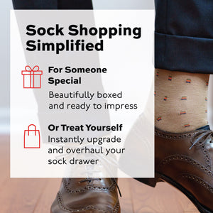 person wearing tan wool over the calf dress socks and brown oxfords with a sock shopping simplified text overlay