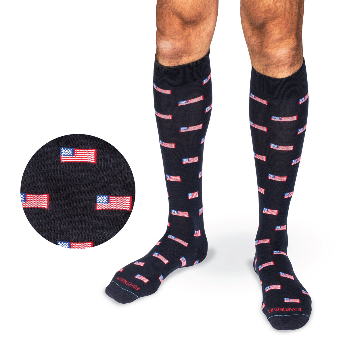 model standing wearing over the calf american flags on navy wool dress socks