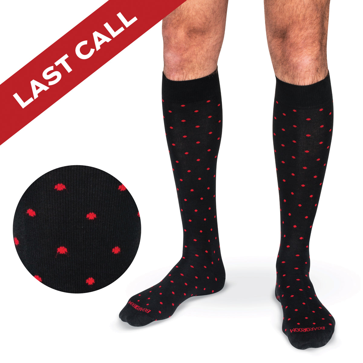 Red Dots on Black Cotton Over the Calf Dress Socks