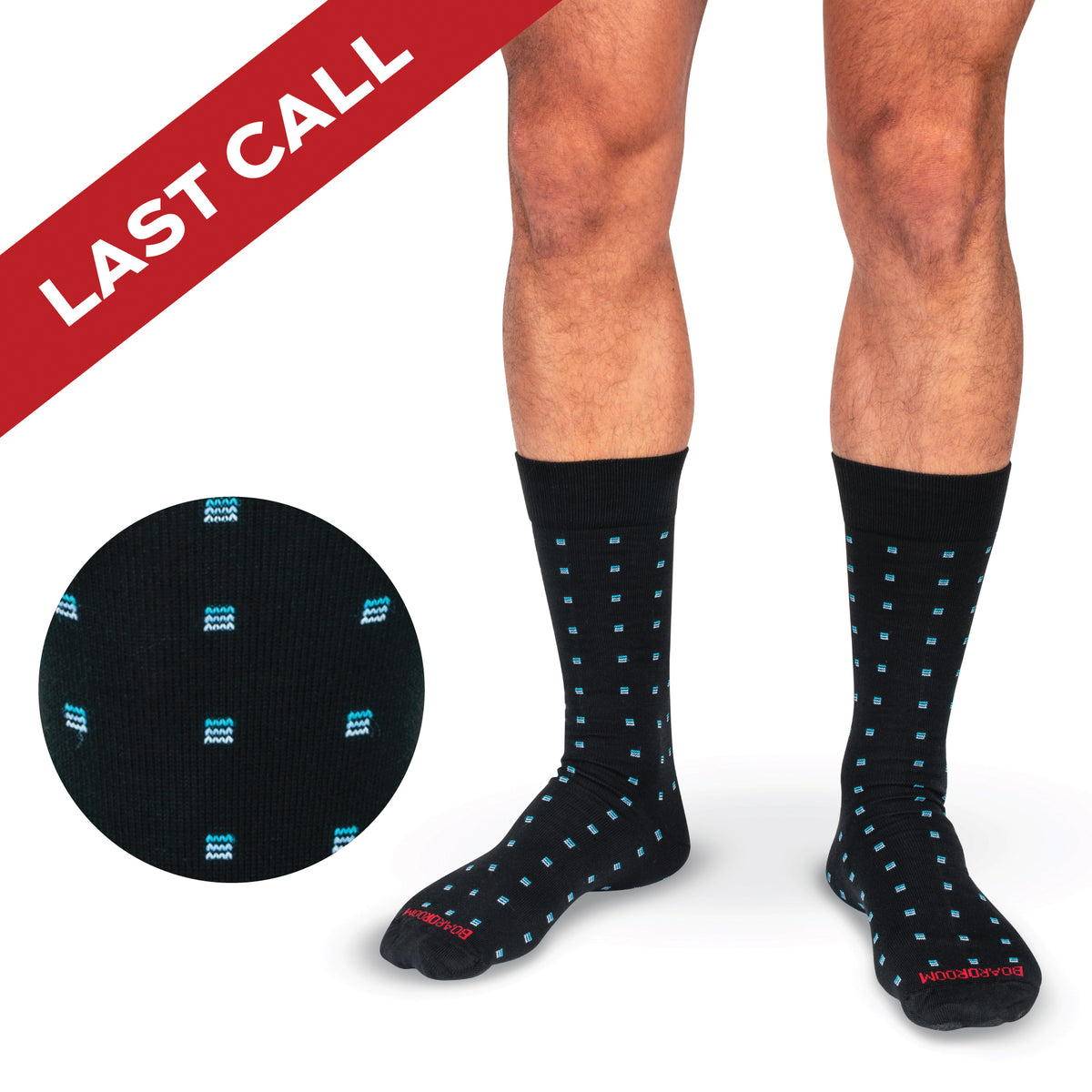 Blue Square Knots on Black Cotton Mid Calf Dress Socks