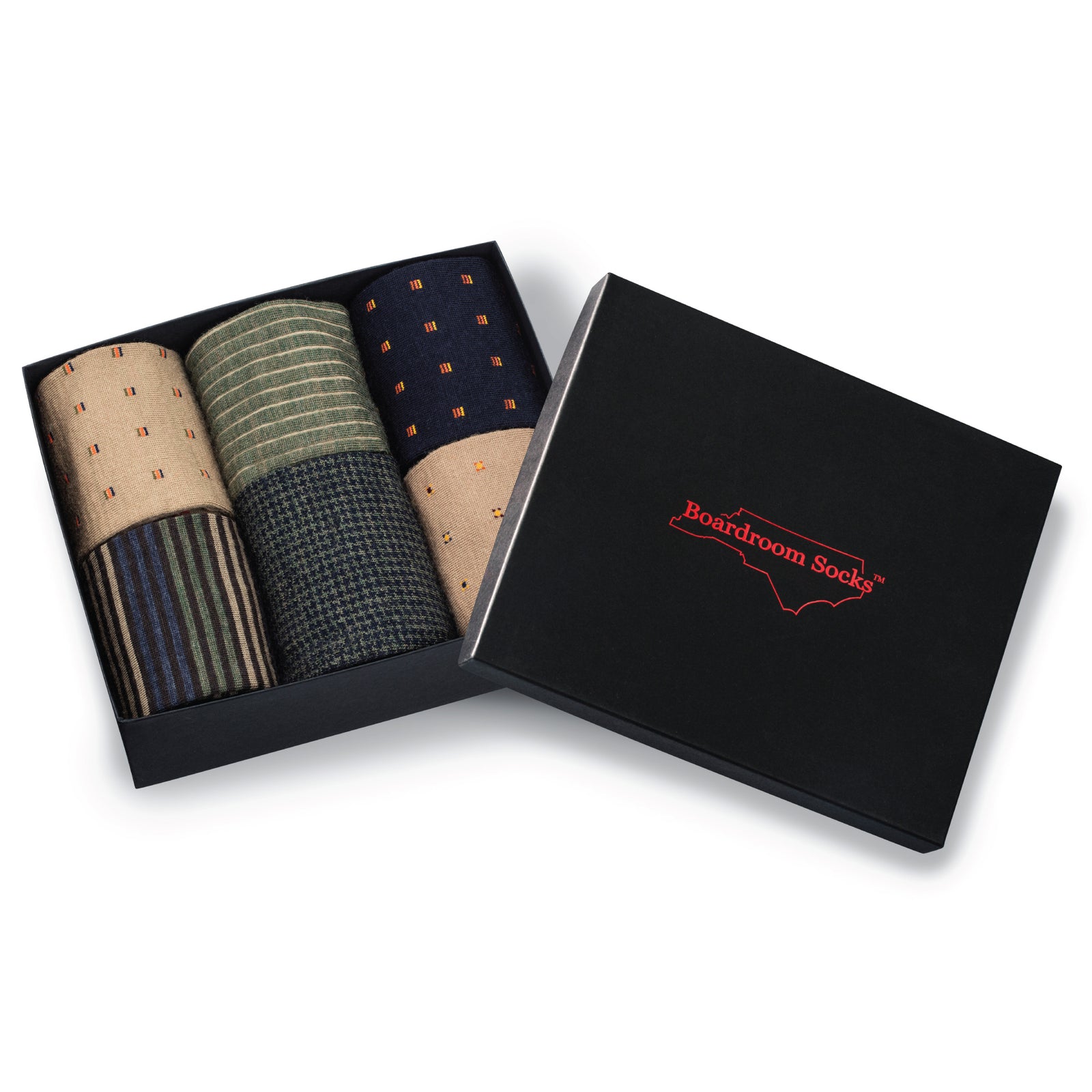 6 Pair Gift Box Merino Wool Mid-Calf Patterned Dress Socks with lid on a white background