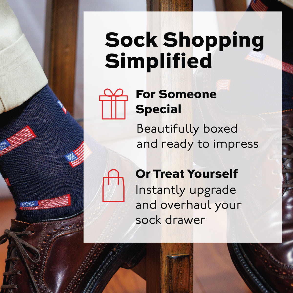 person sitting on stool wearing merino wool american flag dress socks and nice shoes 