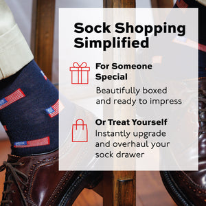person sitting on stool wearing merino wool american flag dress socks and nice shoes 