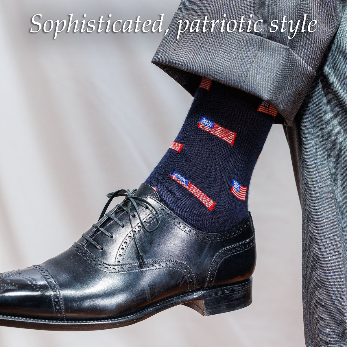 navy dress sock with American flag pattern worn with a gray suit and black dress shoes
