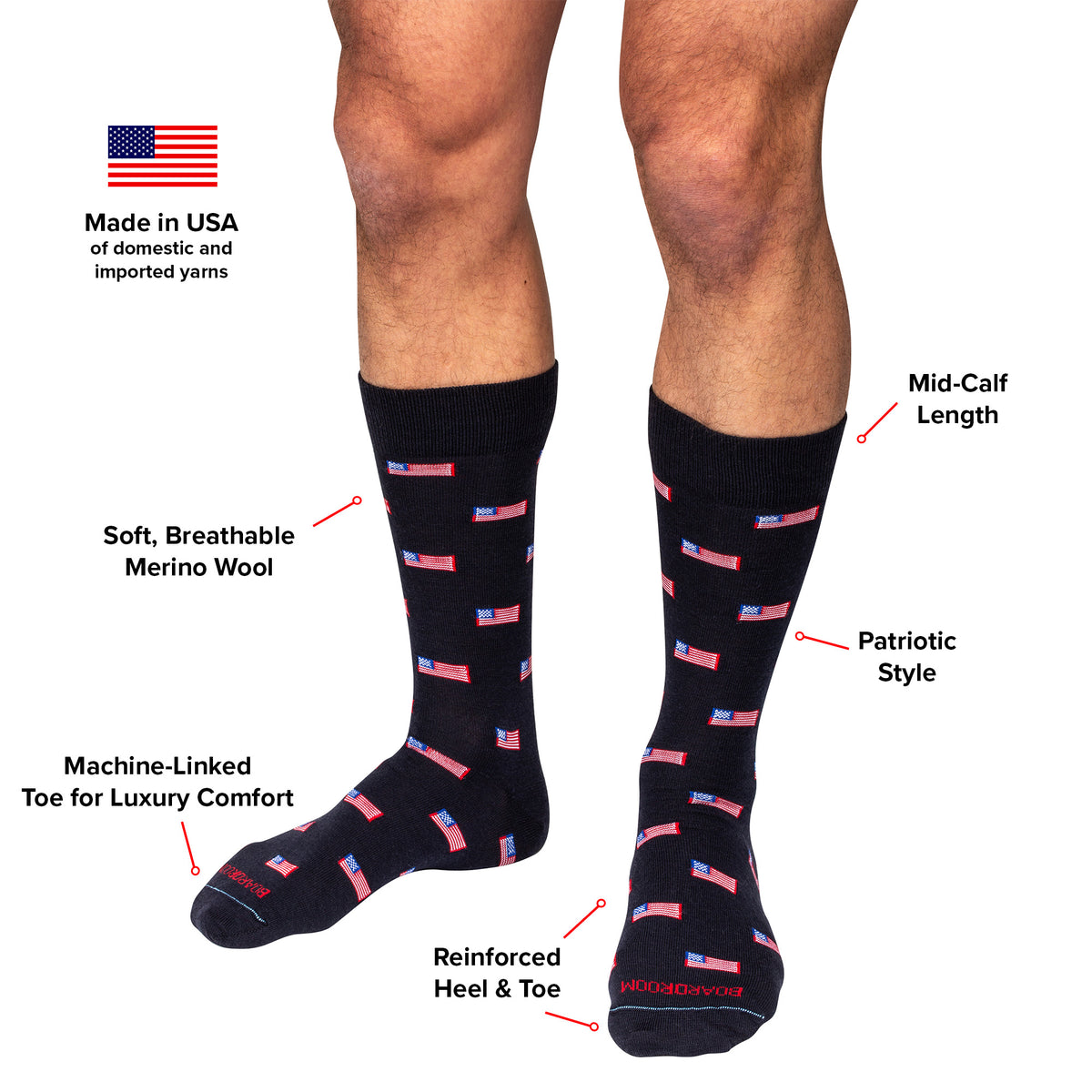 infographic detailing features and benefits of American flag merino wool dress socks from Boardroom Socks