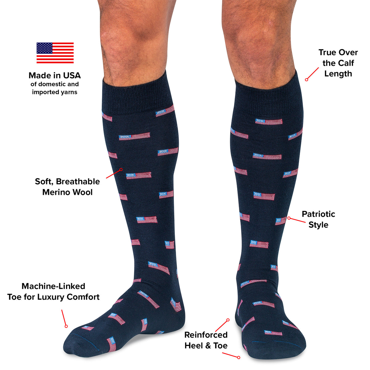 infographic detailing features and benefits of American flag over the calf dress socks from Boardroom Socks
