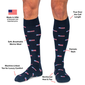 infographic detailing features and benefits of American flag over the calf dress socks from Boardroom Socks