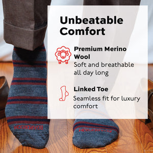 person standing wearing striped merino wool dress socks with linked toe for a seamless fit