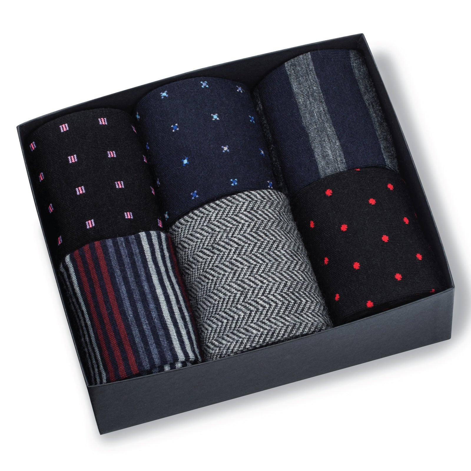 6 Pair Gift Box of Merino Wool Over the Calf Patterned Dress Socks on a white background