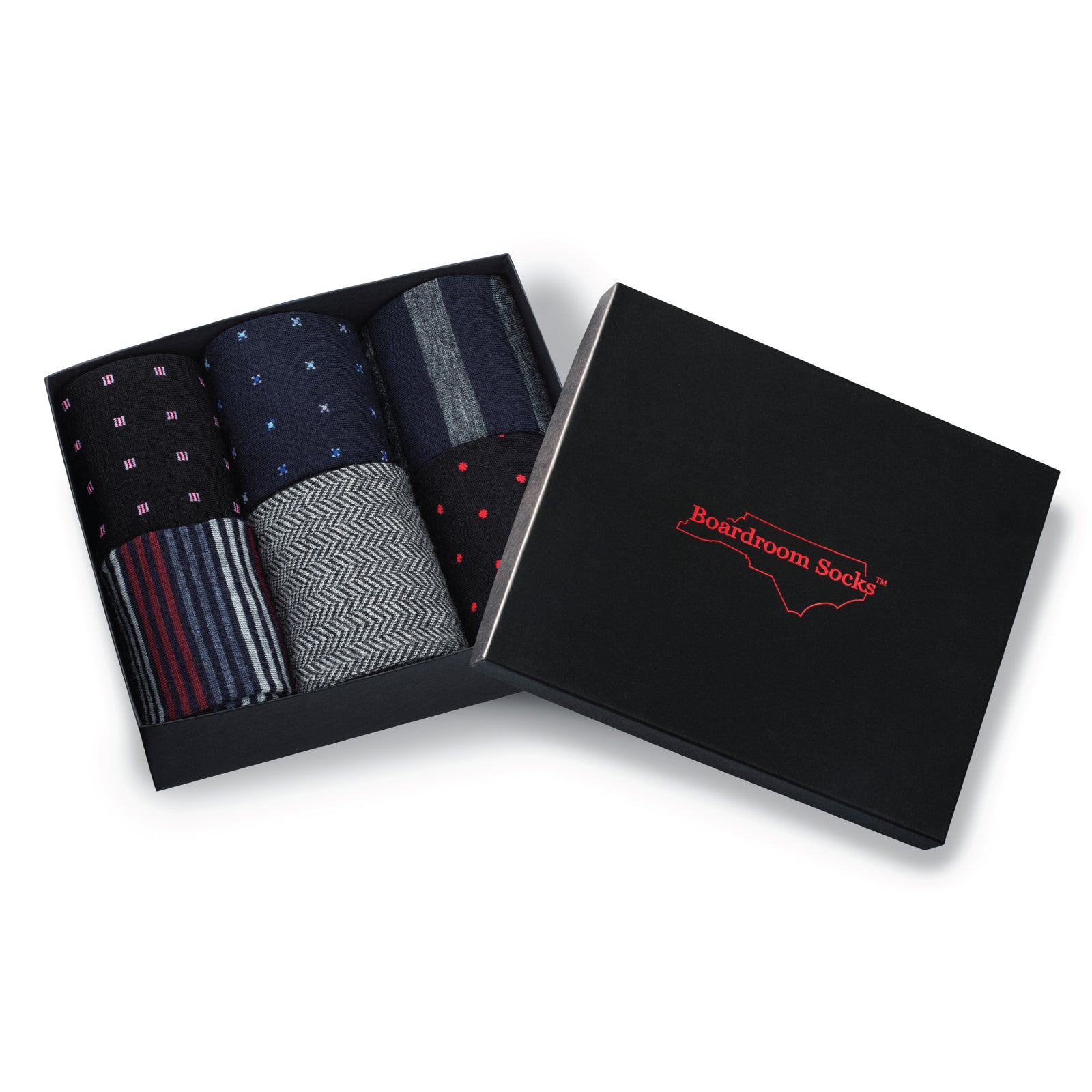 6 Pair Gift Box of Merino Wool Mid-Calf Patterned Dress Socks with lid on white background