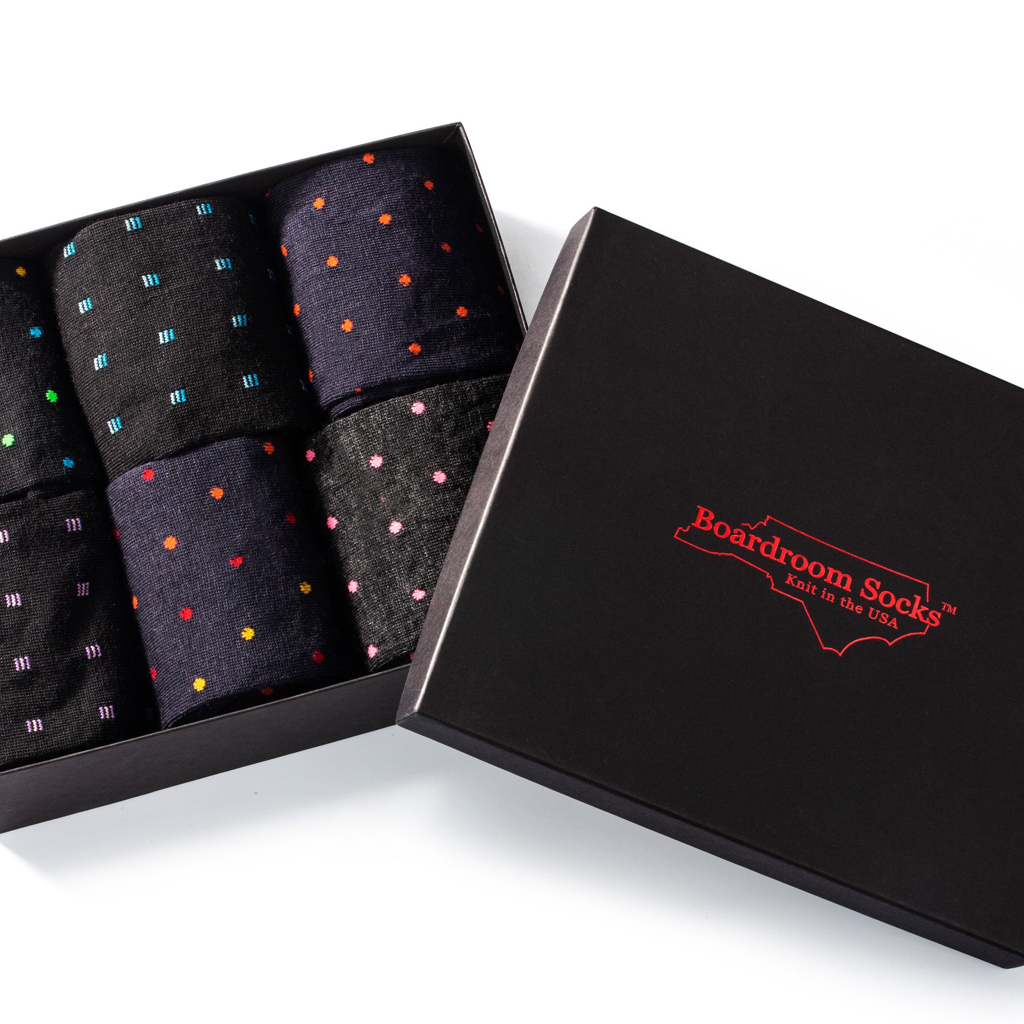 opened Boardroom Socks gift box showing patterned dress socks inside