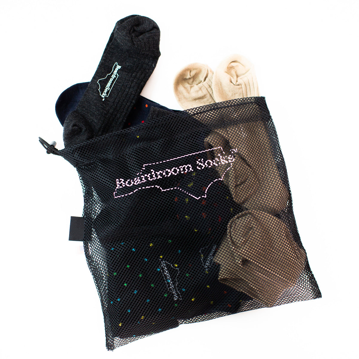 sock laundry bag filled with Boardroom Socks dress socks
