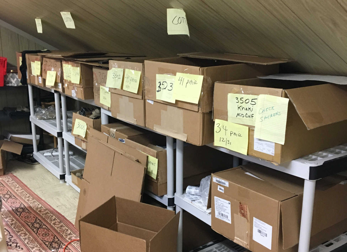 Boardroom Socks inventory in James family attic years ago when the business started.