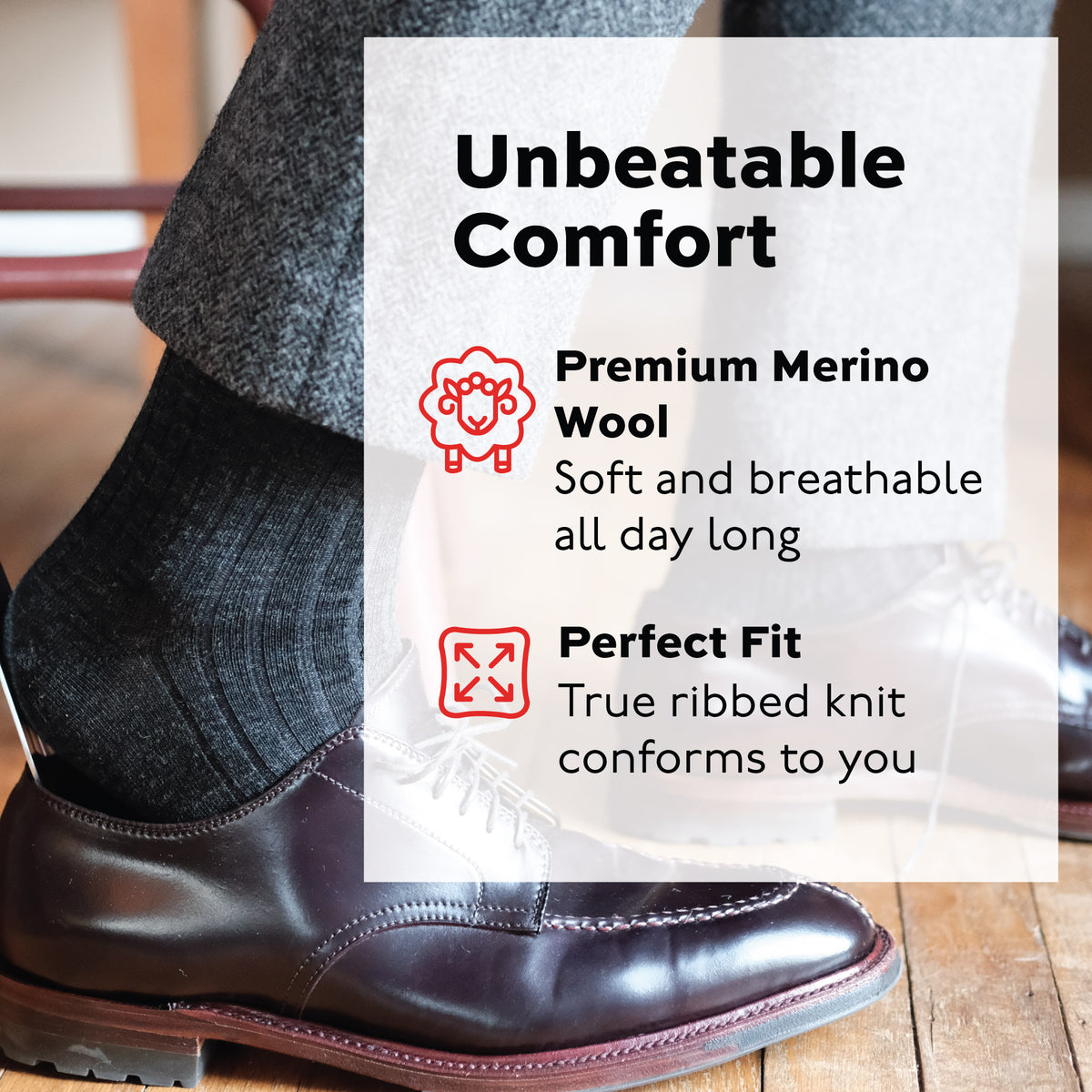 man putting on his shoe wearing perfect fit merino wool charcoal dress socks