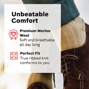 model wearing khaki wool dress socks with comfortable infographic