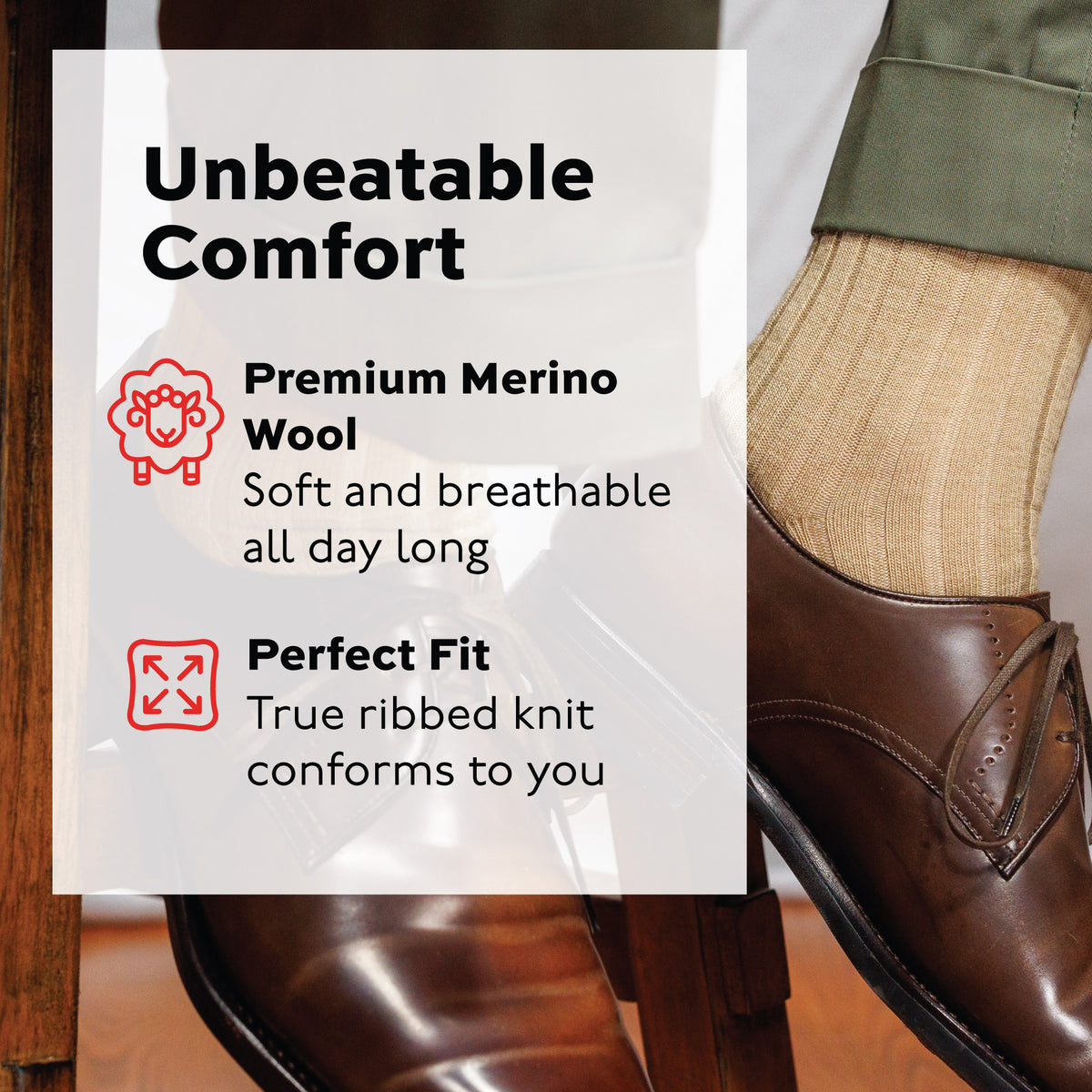 perfect fit unbeatable comfort merino wool infographic over image of man sitting on a stool wearing khaki wool dress socks