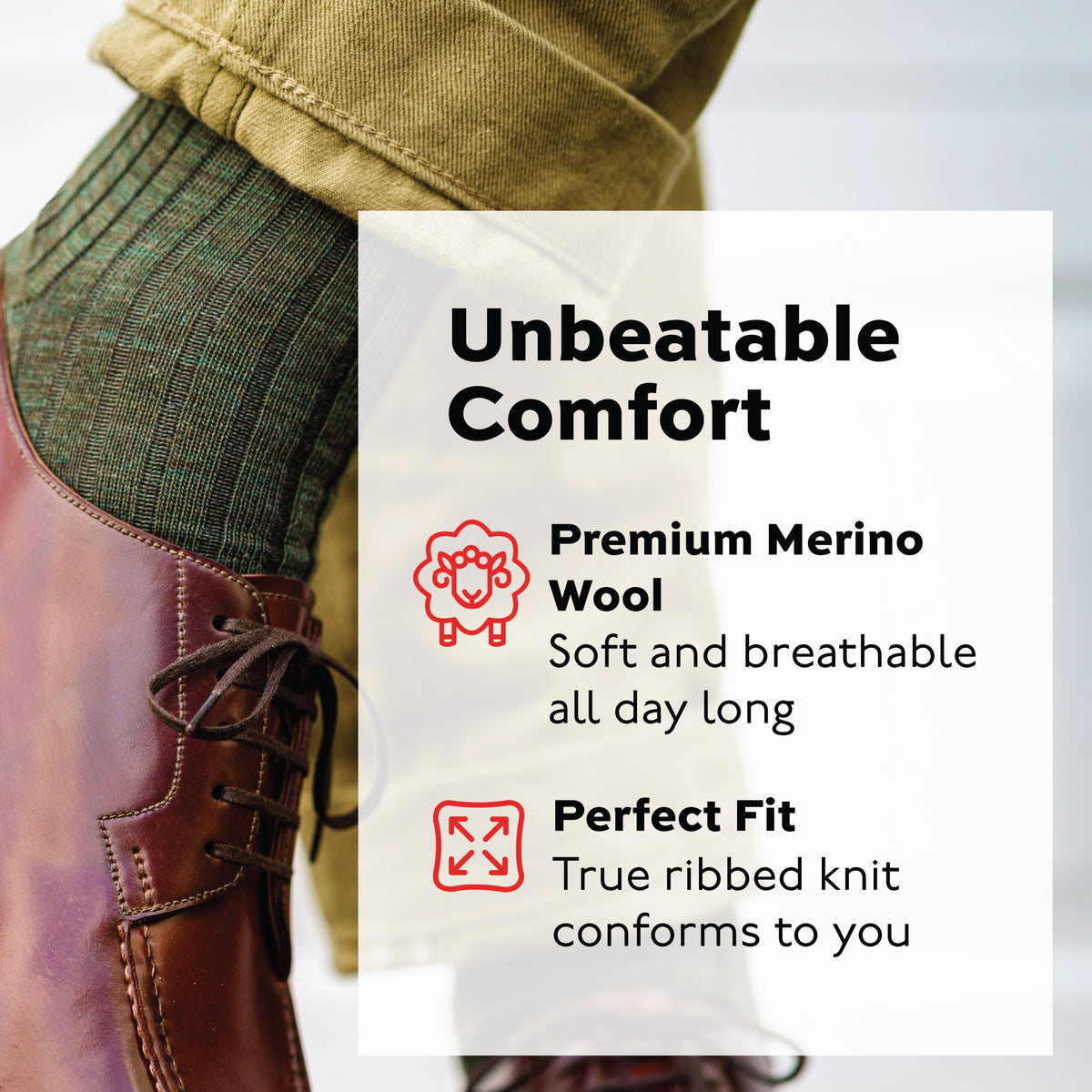 olive merino wool over the calf ribbed mens dress socks worn with khakis and brown shoes