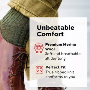 olive merino wool over the calf ribbed mens dress socks worn with khakis and brown shoes