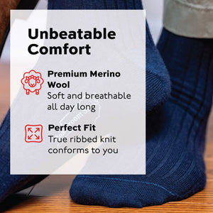 man wearing navy wool mid-calf dress socks showing ribbed texture and unbeatable comfort