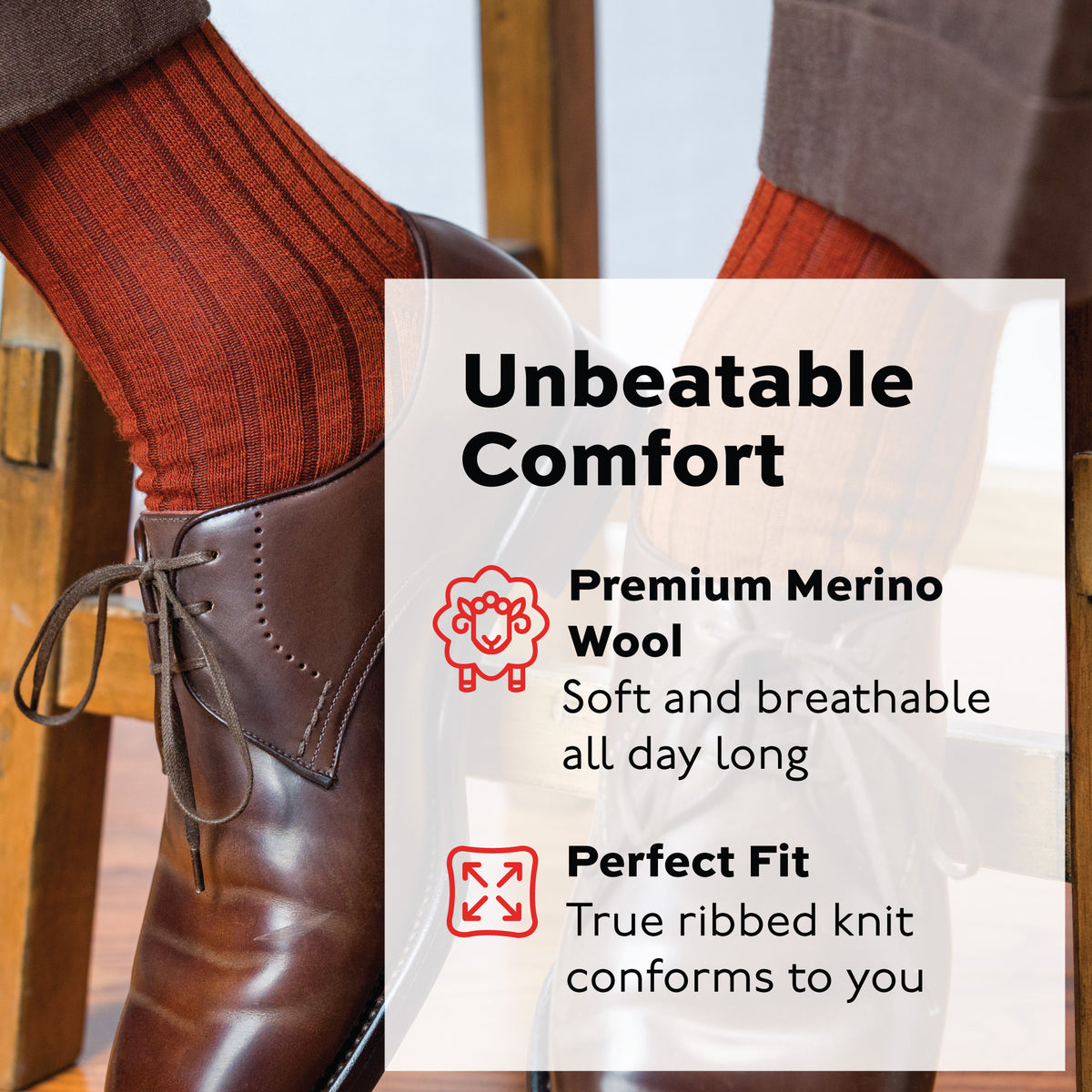 person sitting on a stool  wearingBurnt Orange Merino Wool Mid Calf Dress Socks and brown shoes