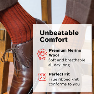 person sitting on a stool  wearingBurnt Orange Merino Wool Mid Calf Dress Socks and brown shoes