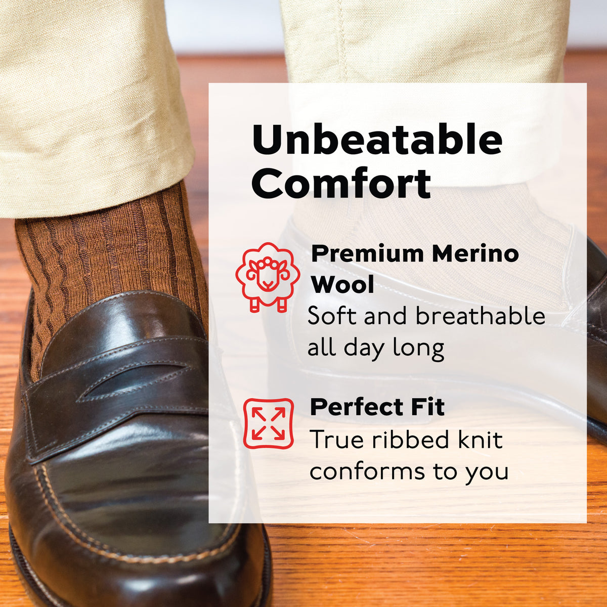 man wearing khakis and Light Brown Merino Wool Mid Calf Dress Socks with brown loafers