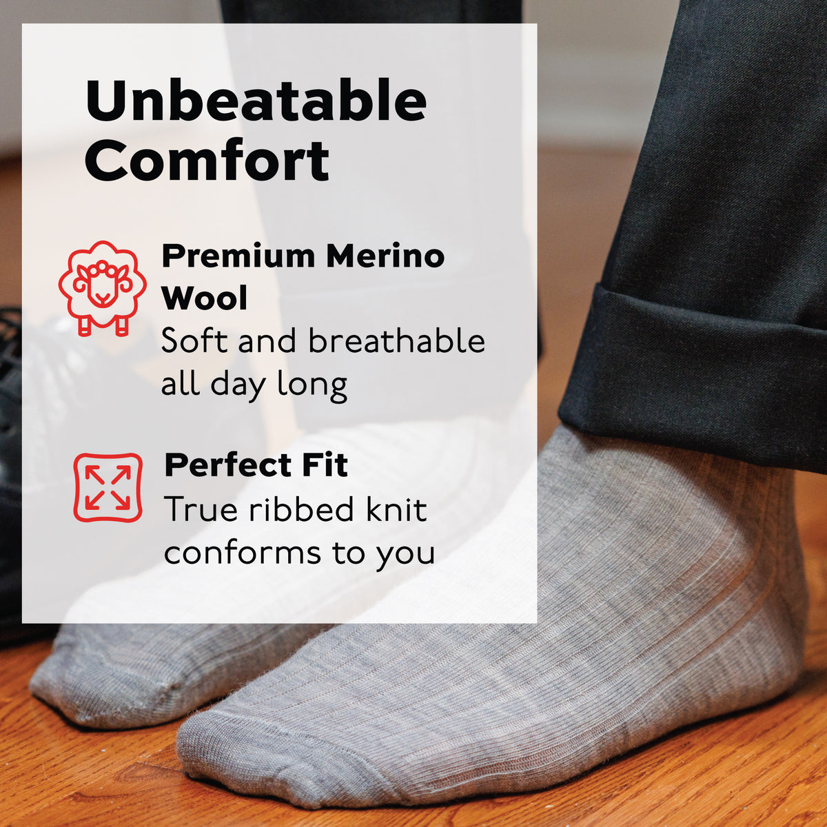 man standing on hardwood floors wearing light grey ribbed wool over the calf socks with an infographic overlay