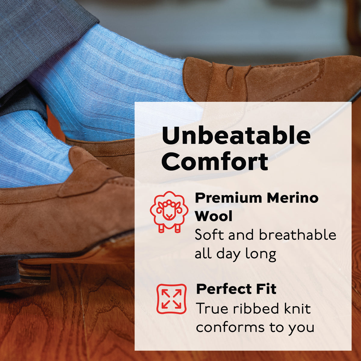 sky blue merino wool over the calf ribbed mens dress socks with infographic overlay