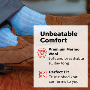 sky blue merino wool over the calf ribbed mens dress socks with infographic overlay