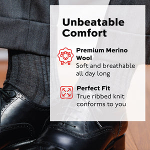 unbeatable comfort infographic over image of grey wool dress socks with dress pants and shoes