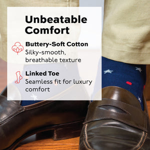 cotton americana patterned dress socks worn with loafers with infographic overlay about unbeatable comfort and linked toe