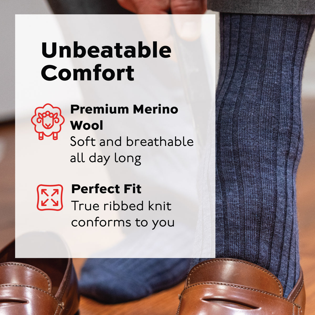 unbeatable comfort infographic over an image of a model wearing denim dress socks putting on a loafer 