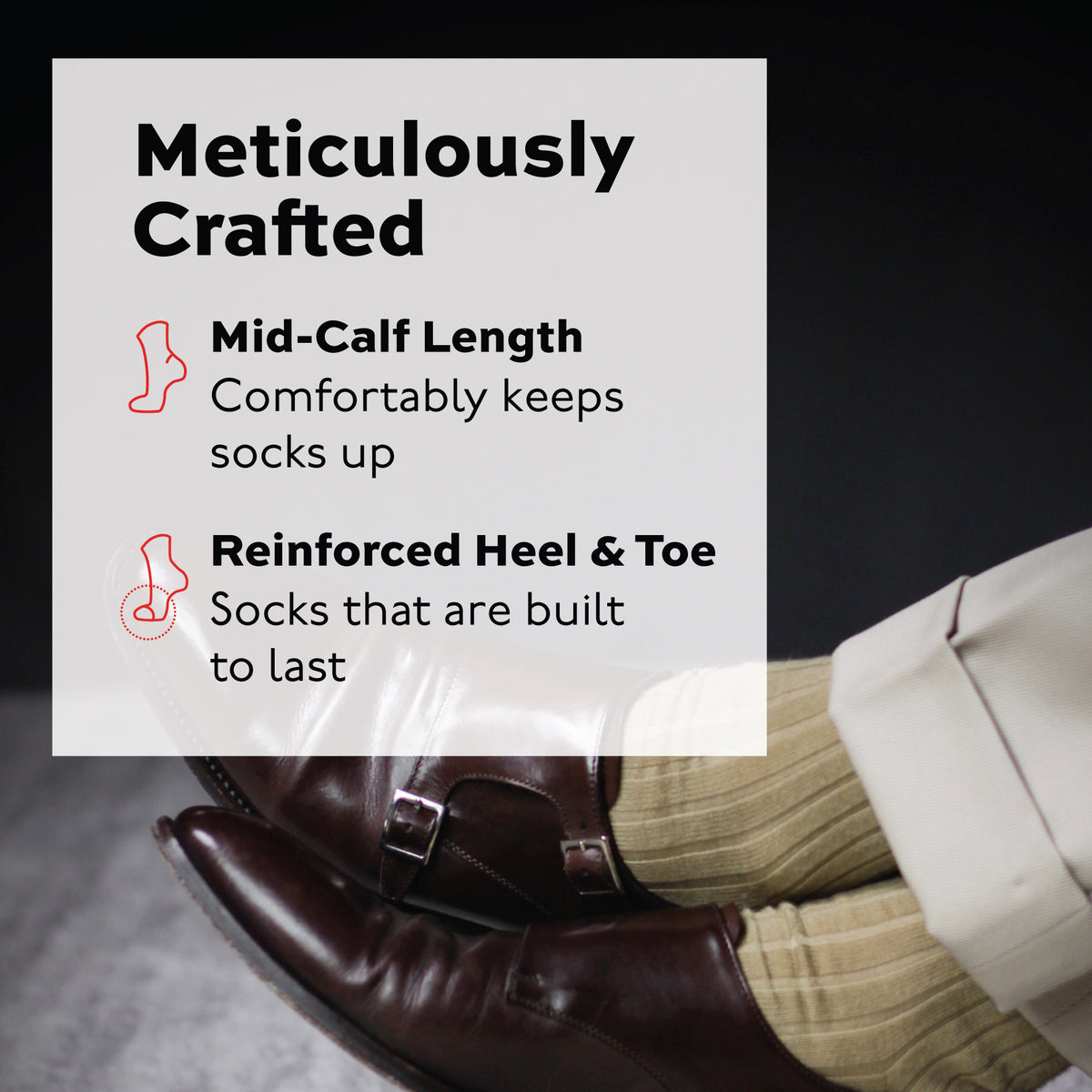 model wearing khaki wool dress socks with meticulously crafted text overlay