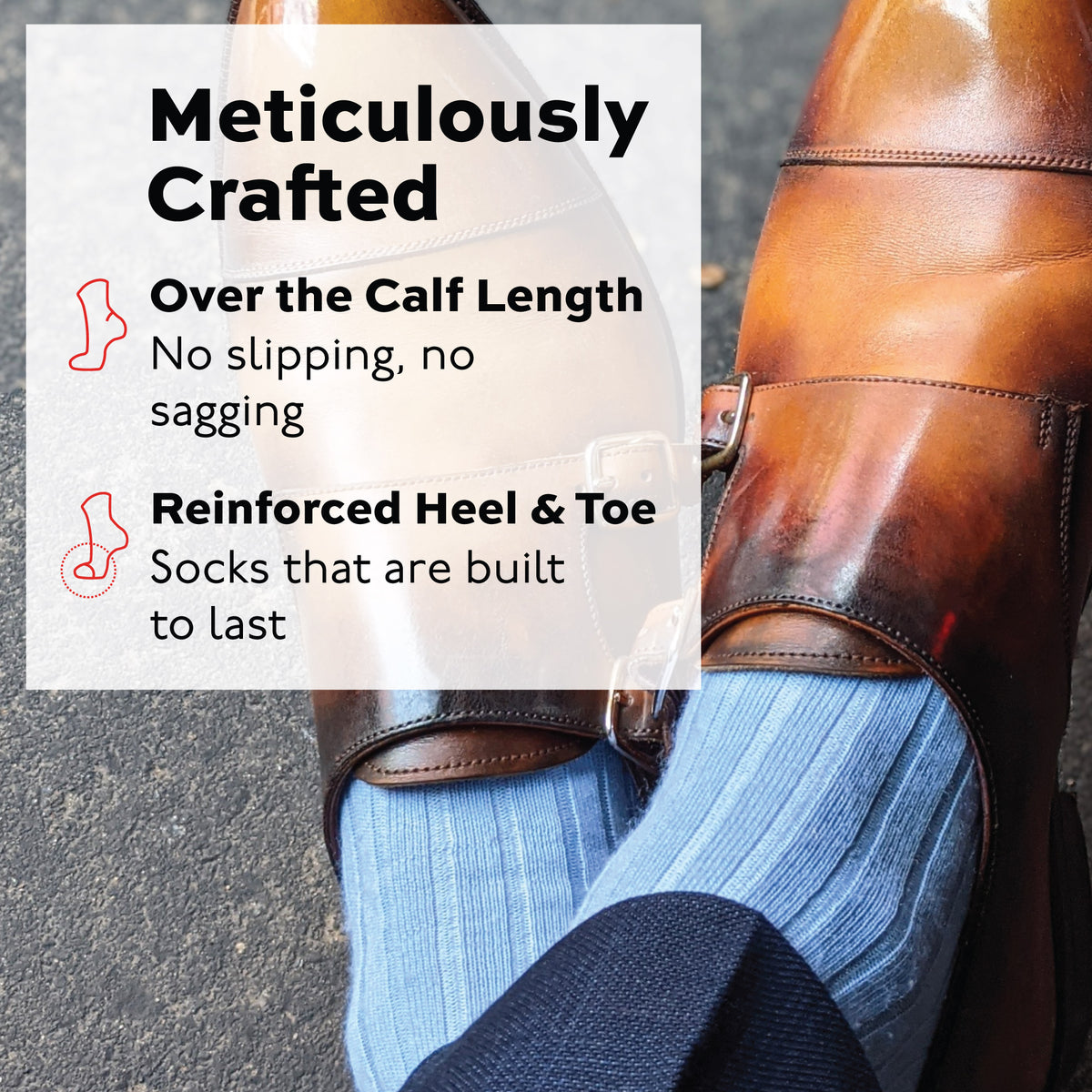 man wearing sky blue merino wool over the calf ribbed mens dress socks with infographic overlay