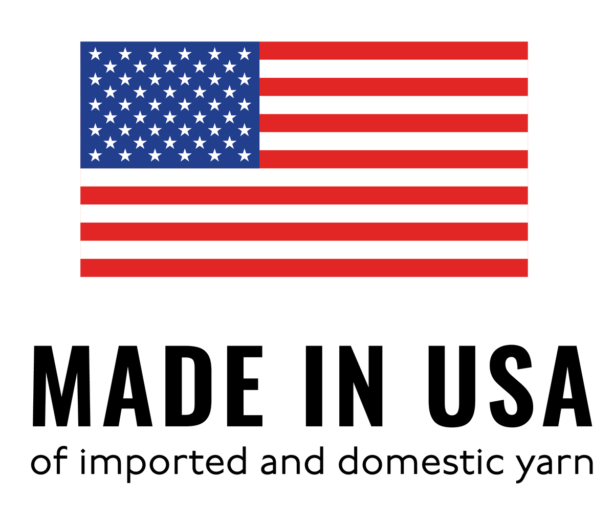 An American flag graphic above the text 'MADE IN USA of imported and domestic yarn' on a white background.