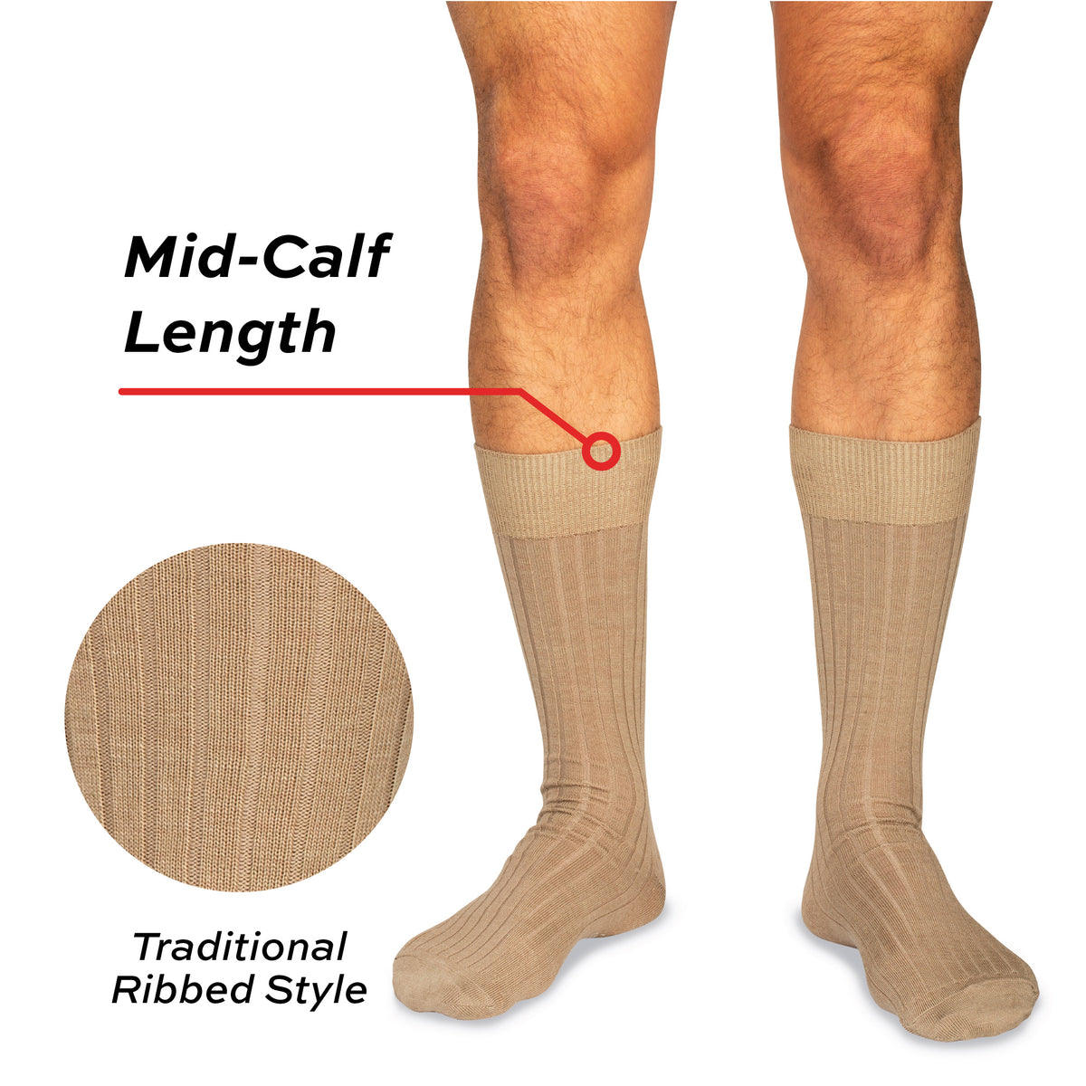 model's legs wearing mid calf length khaki wool dress socks with a focus on the ribbed texture