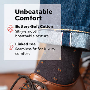 image of brown patterned dress sock on left foot worn with jeans and leather sneakers and text overlay about unbeatable comfort