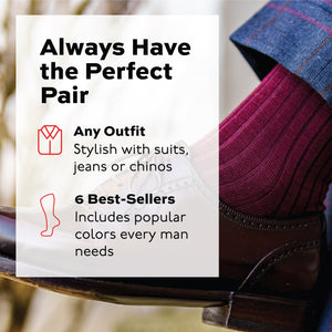 always the perfect pair text overlay over an image of a burgandy wool dress sock 
