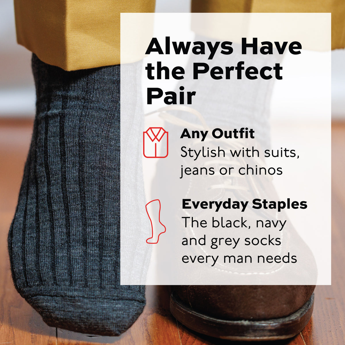 perfect pair infographic on image of model wearing grey wool dress sock