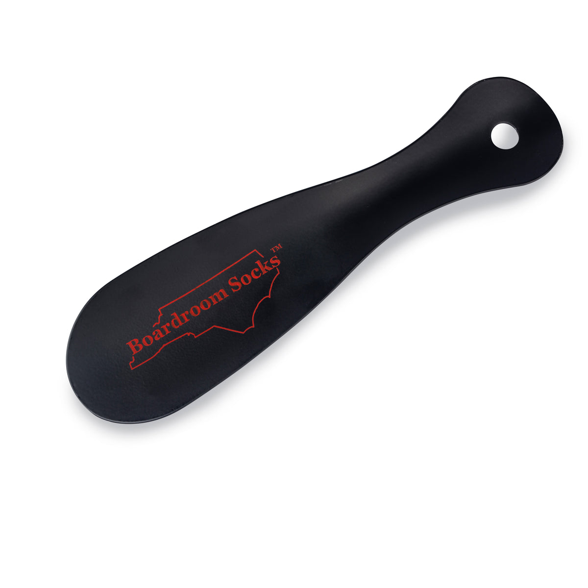 black metal shoe horn decorated with red Boardroom Socks logo