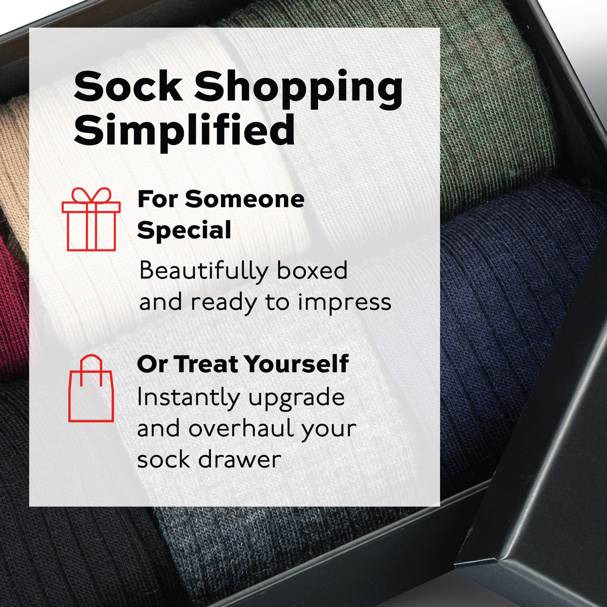 image of an open box of wool dress socks with a shopping simplified text overlay