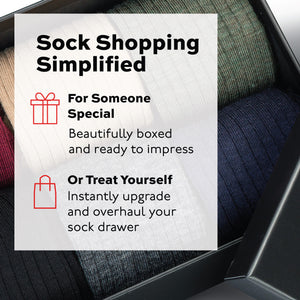 sock shopping simplified text overlay on an image of an open gift box filled with rolled up socks in a variety of colors