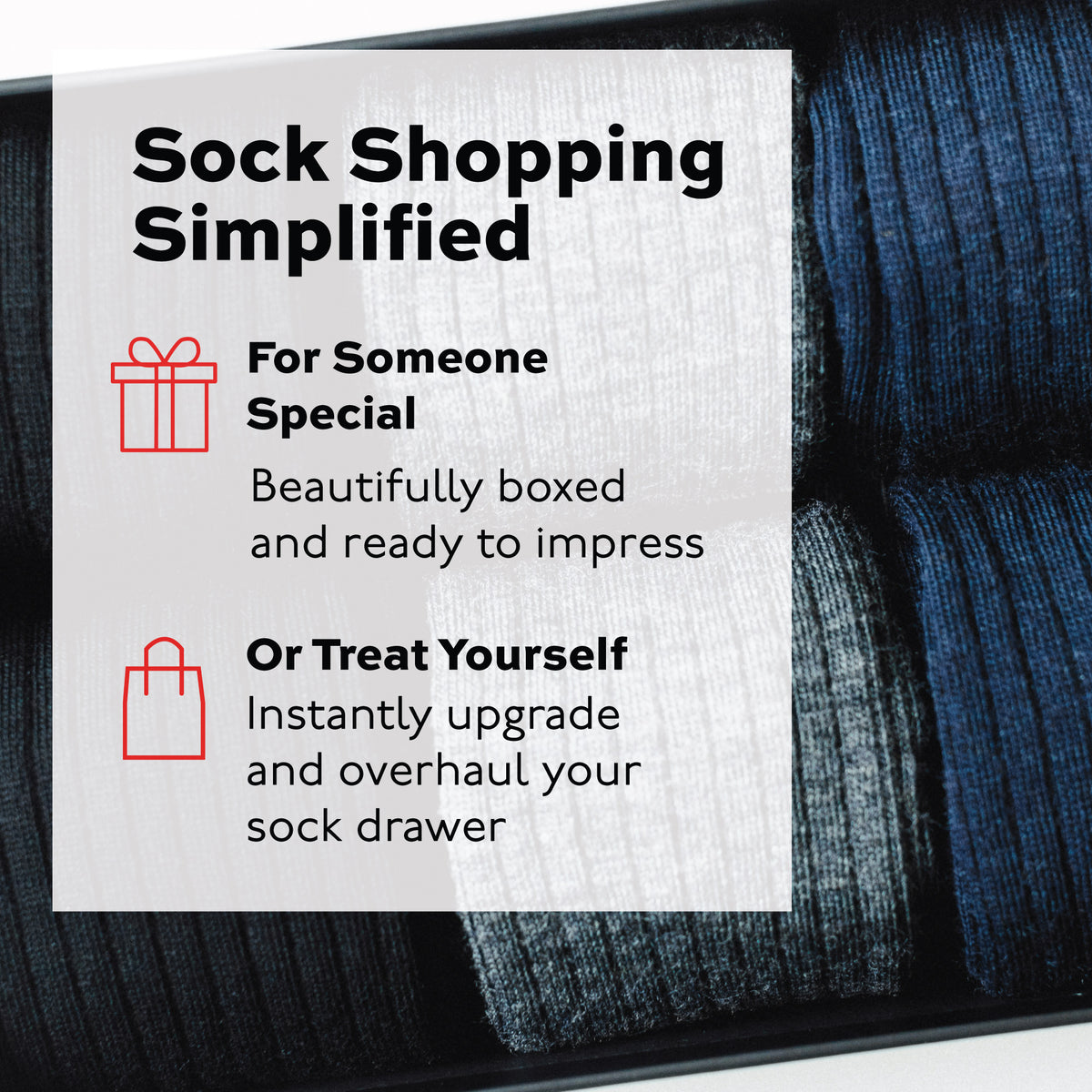 sock shopping simplified text overlay on image of wool socks gift box