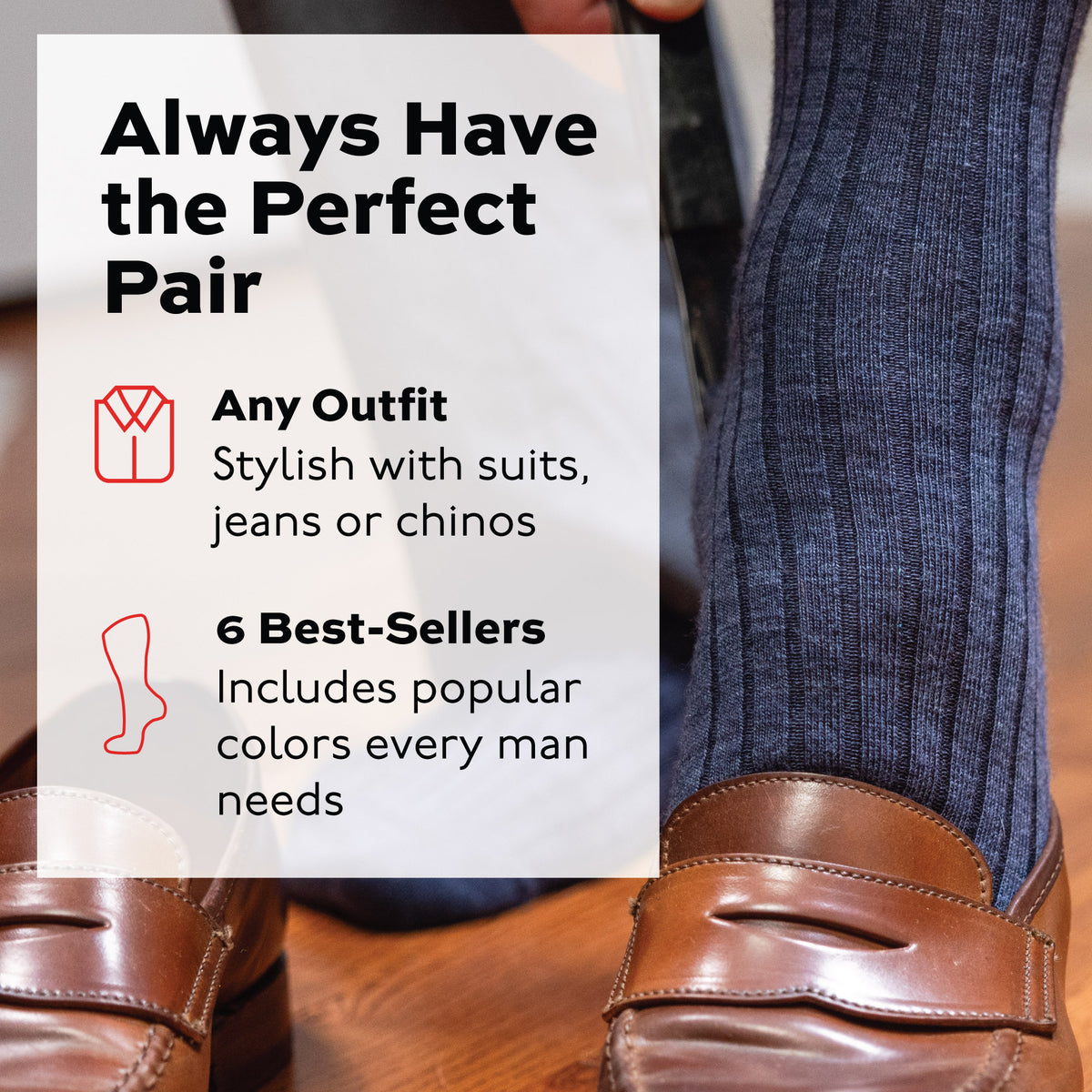 man putting on shoe with a boardroom socks shoe horn wearing denim wool ribbed socks always have the perfect pair text overlay