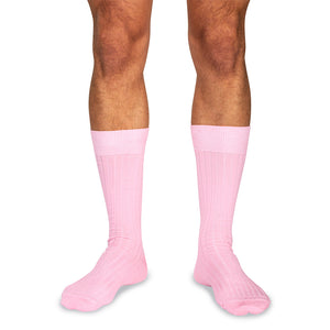 pink merino wool dress socks on model