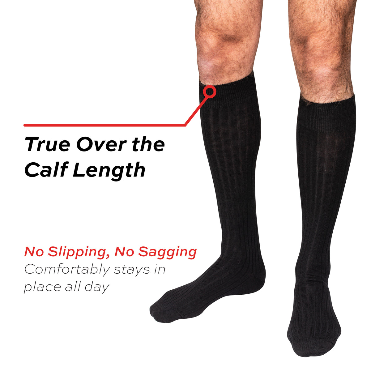 model wearing true over the calf length mens dress socks 