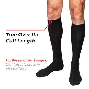 model wearing true over the calf length mens dress socks 