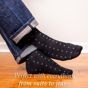 mens black and blue patterned dress socks with jeans