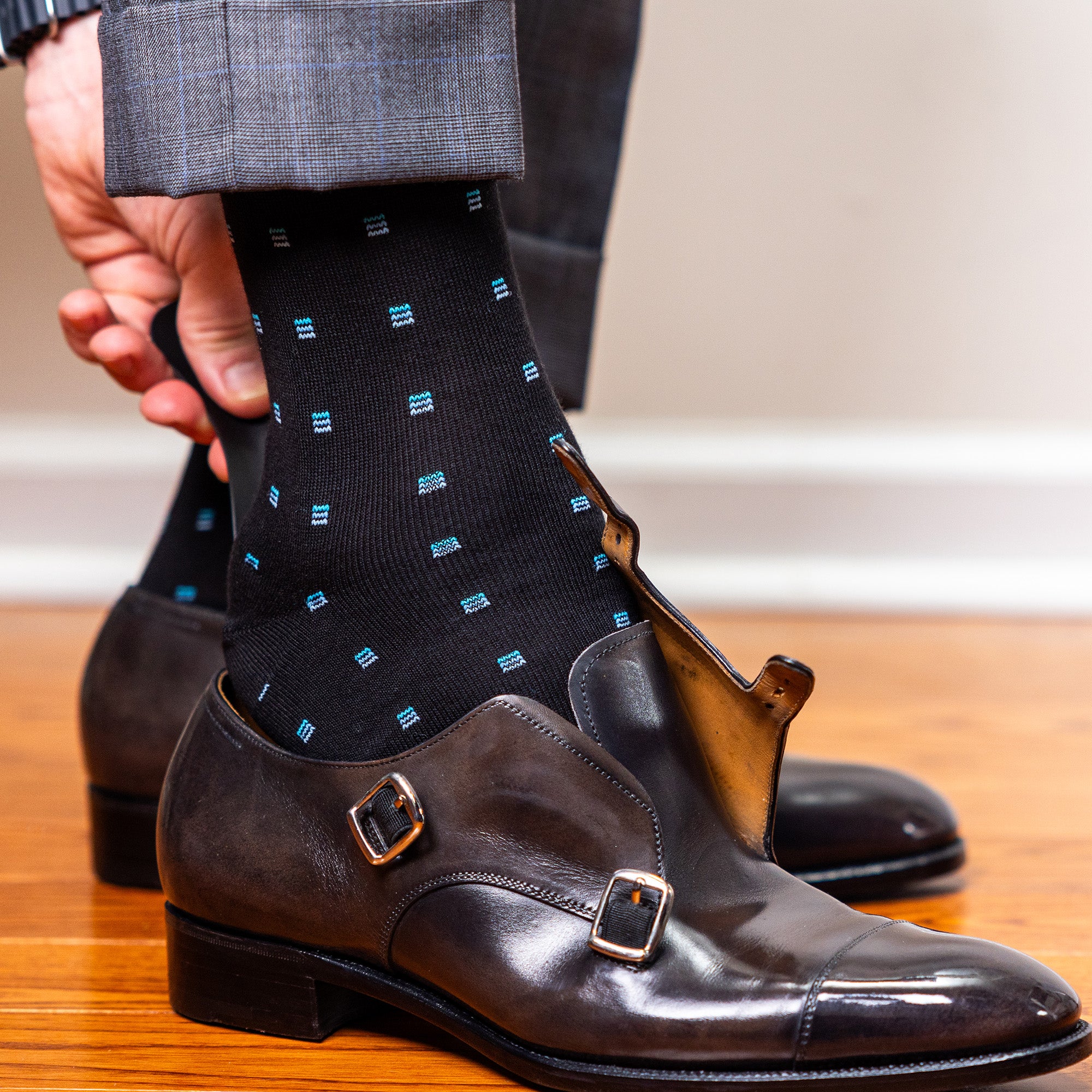 Black Dress Socks with Blue Geometric Pattern | Men's Cotton Dress Socks | Boardroom Socks Black Dress Socks with Blue Geometric Pattern | Men's Cotton Dress Socks | Boardroom Socks